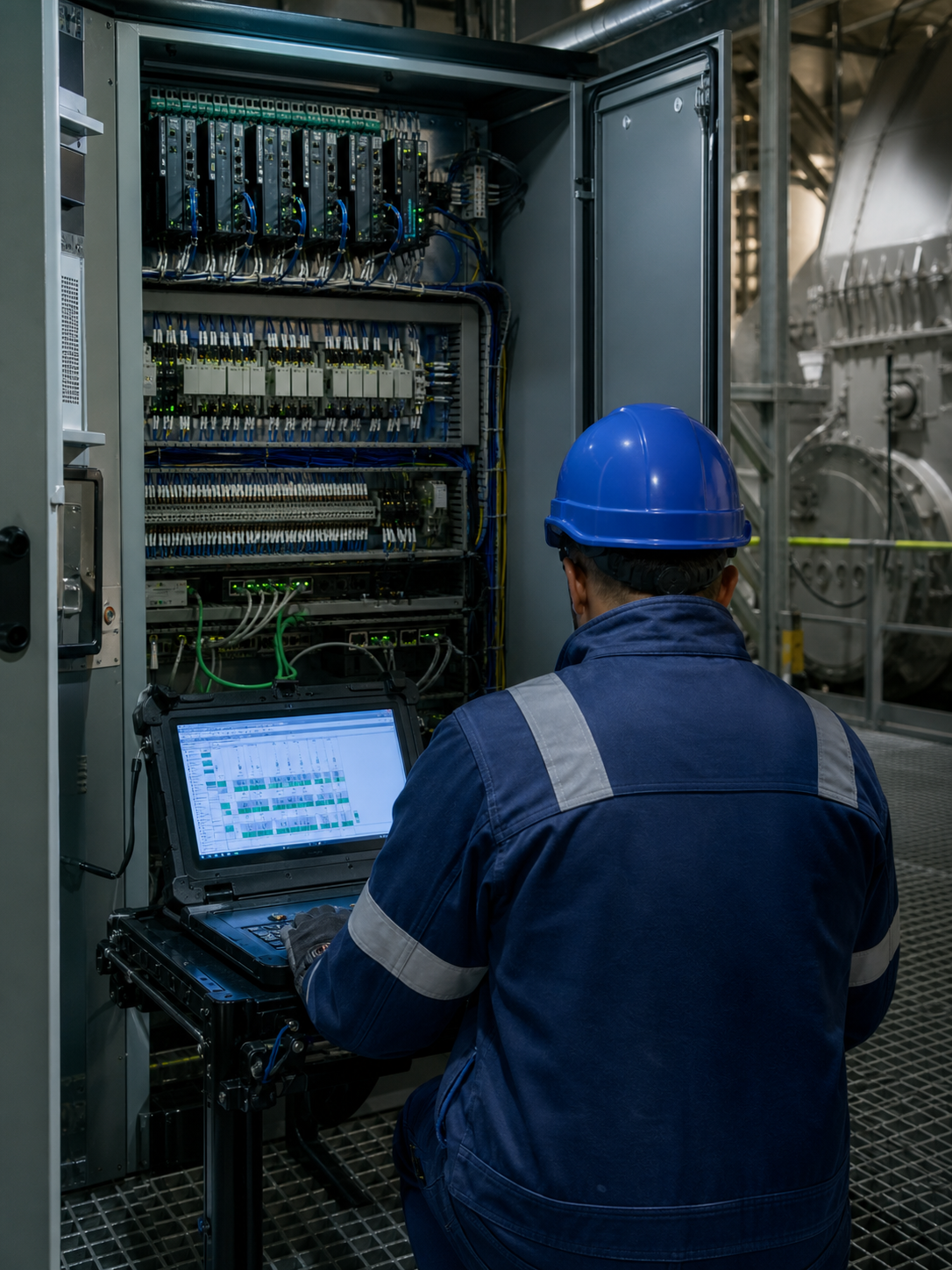 Technician performing gas turbine control system maintenance and troubleshooting